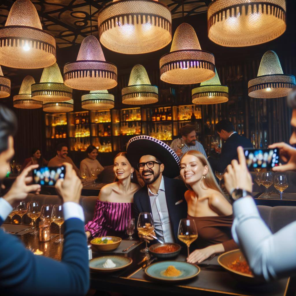 hombres y mujeres en un elegante restaurante mexicano con lamparas en forma de sombrero mexicano, haciendose fotos con sus moviles y disfrutando de un